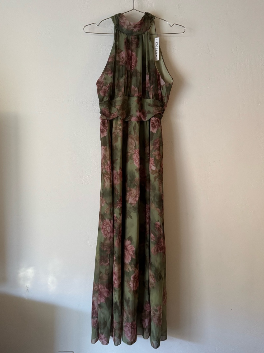 Emblem Olive Green Floral Maxi Dress with Pink Flowers
